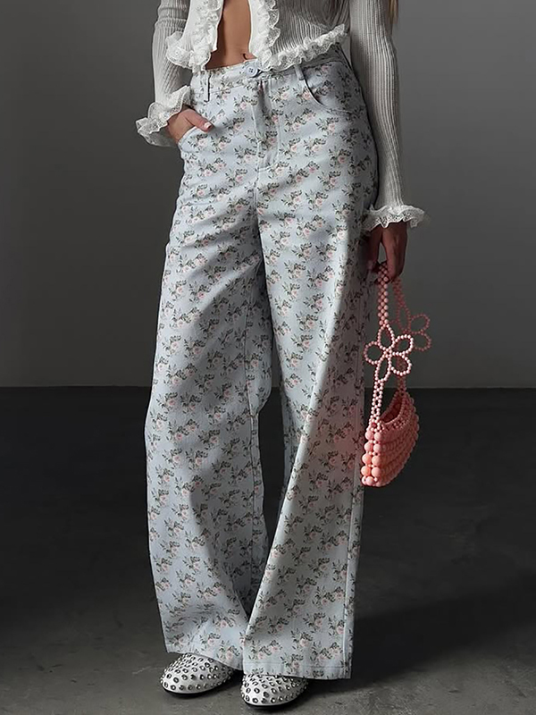 Floral Pattern High Waisted Wide Leg Multiple Pockets Jeans