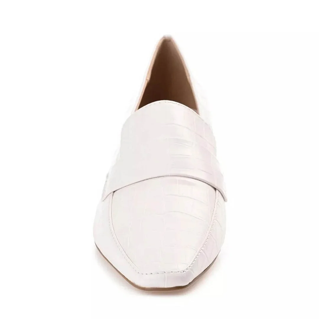 White Crocodile Embossed Square Toe Kitten Heel Women's Loafers