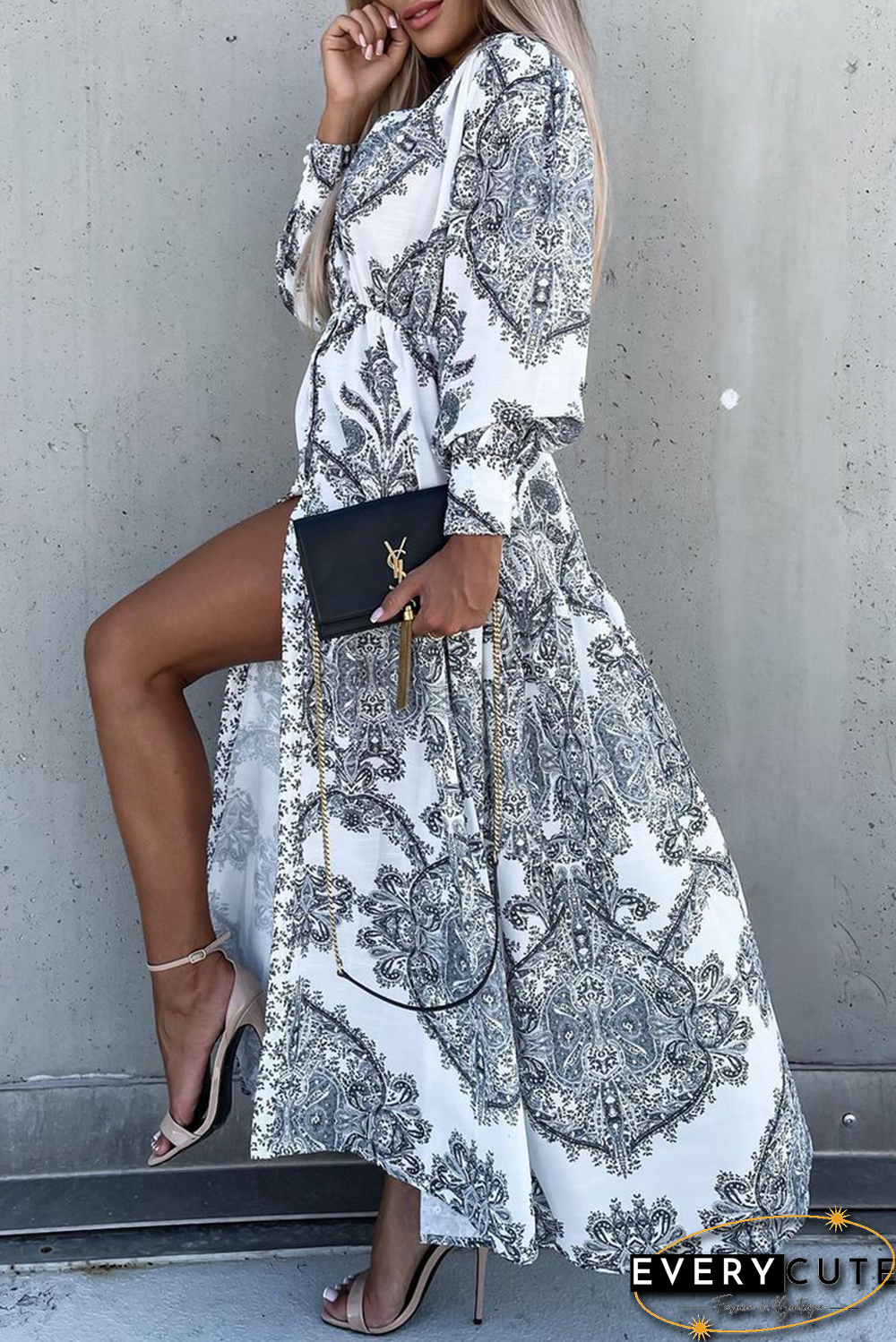 Elegant Print Split Joint Buckle V Neck Dresses