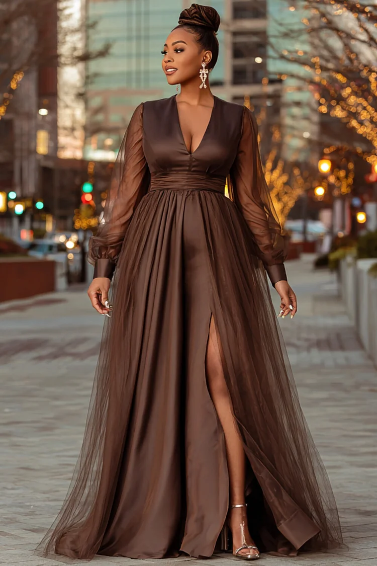 Xpluswear Design Plus Size Formal Satin Brown V Neck Lantern Sleeve Long Sleeve Split Elegant See Through Tulle Maxi Dresses [Pre-Order]