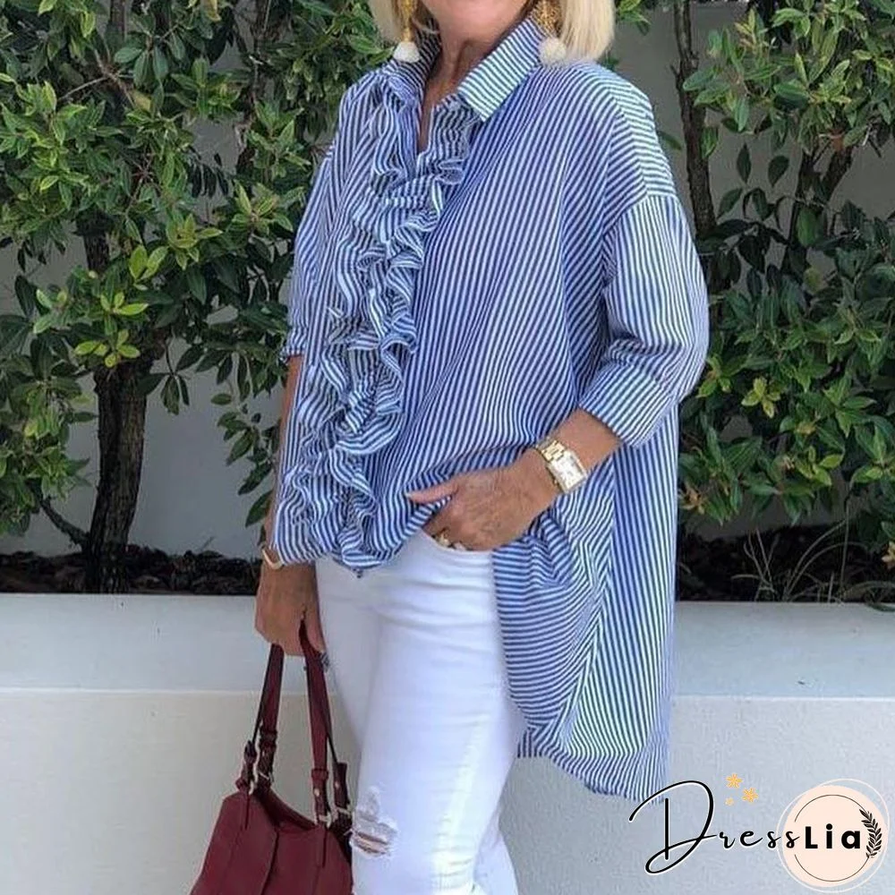 Stripe Women Temperament Long Sleeve Ruffle Trim Shirt