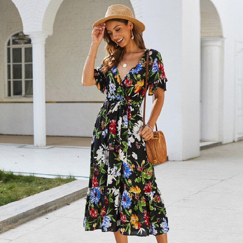 2020 New Women Floral Print Beach Long Dress Summer Boho Maxi Sundress Casual Short Sleeve Elegant V-Neck Dress Party Vestidos