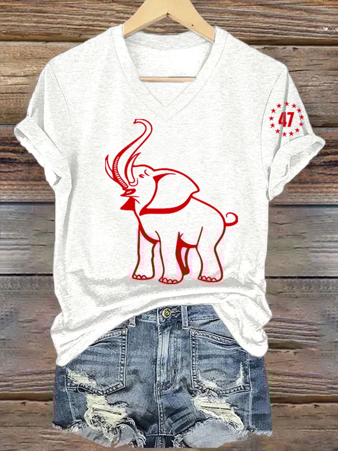 Women's Red Elephant Print Casual T-Shirt