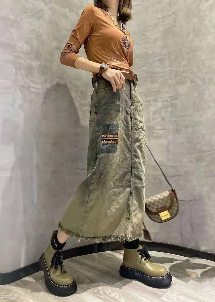 Casual Loose Denim Patchwork Striped A Line Skirt