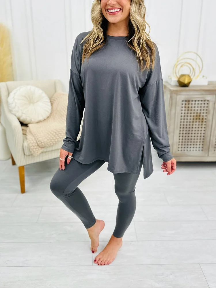 HOT SALE Buttery Soft Microfiber Long Sleeve Side Slit Loungewear Set