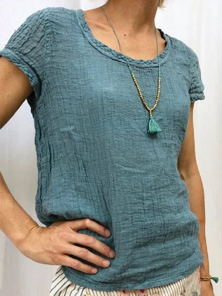 Cotton And Linen Loose Round Neck Short Sleeves