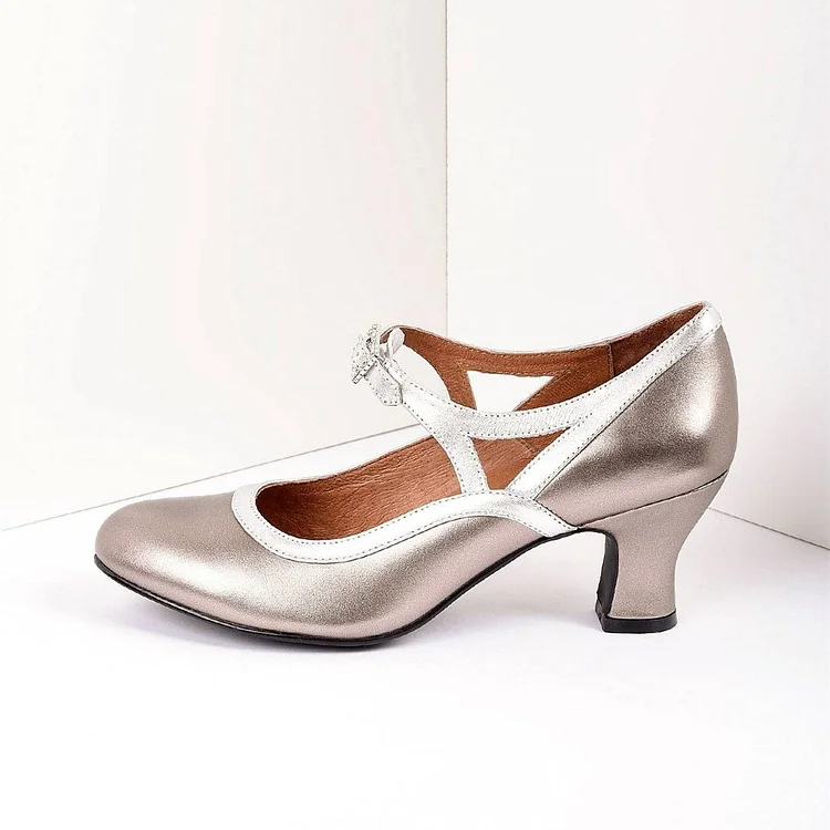Champagne Metallic Vintage Mary Jane Shoes Chunky Heel Pumps |FSJ Shoes