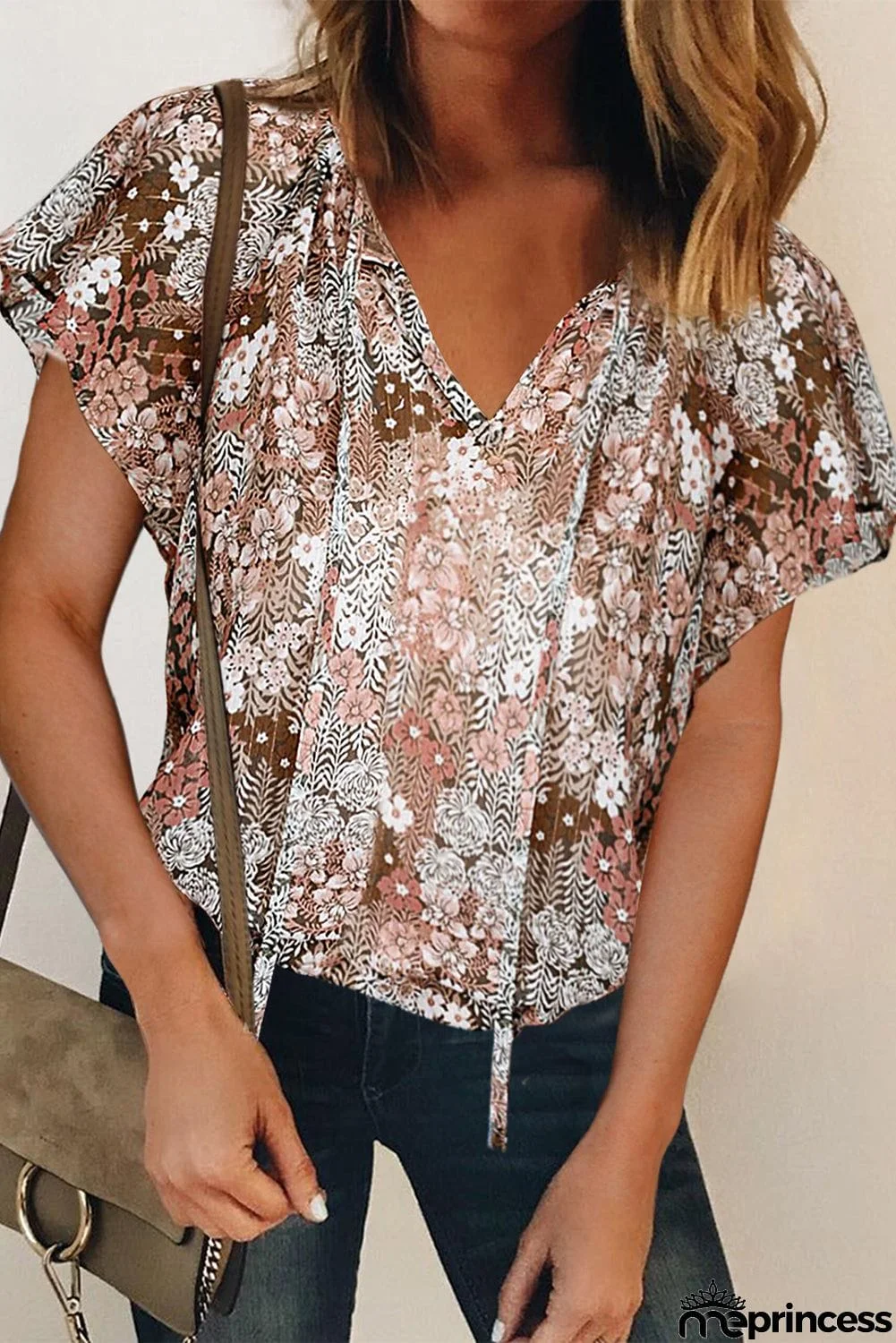 V-neck Short Sleeve Fashion Print Fantasy Fluttering Blouse