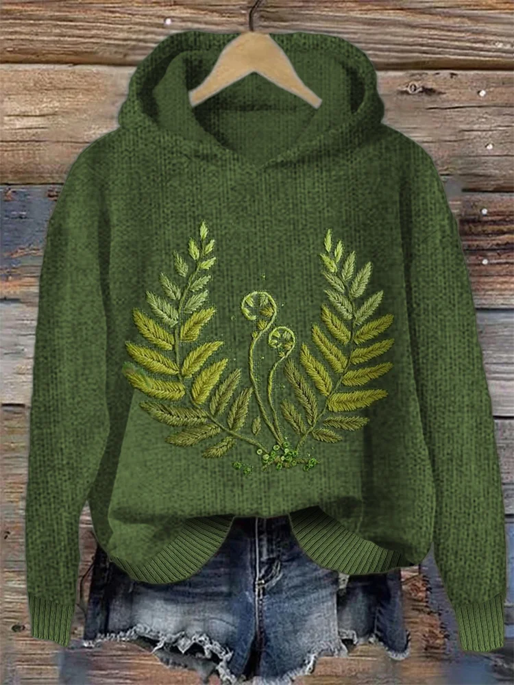 Forest Fern Embroidery Art Cozy Knit Hoodie