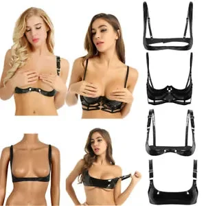 pornhint Pornhint Sexy Women's Cupless Shelf Bra Open Breast Nipple Bra Harness Leather Bra Tops