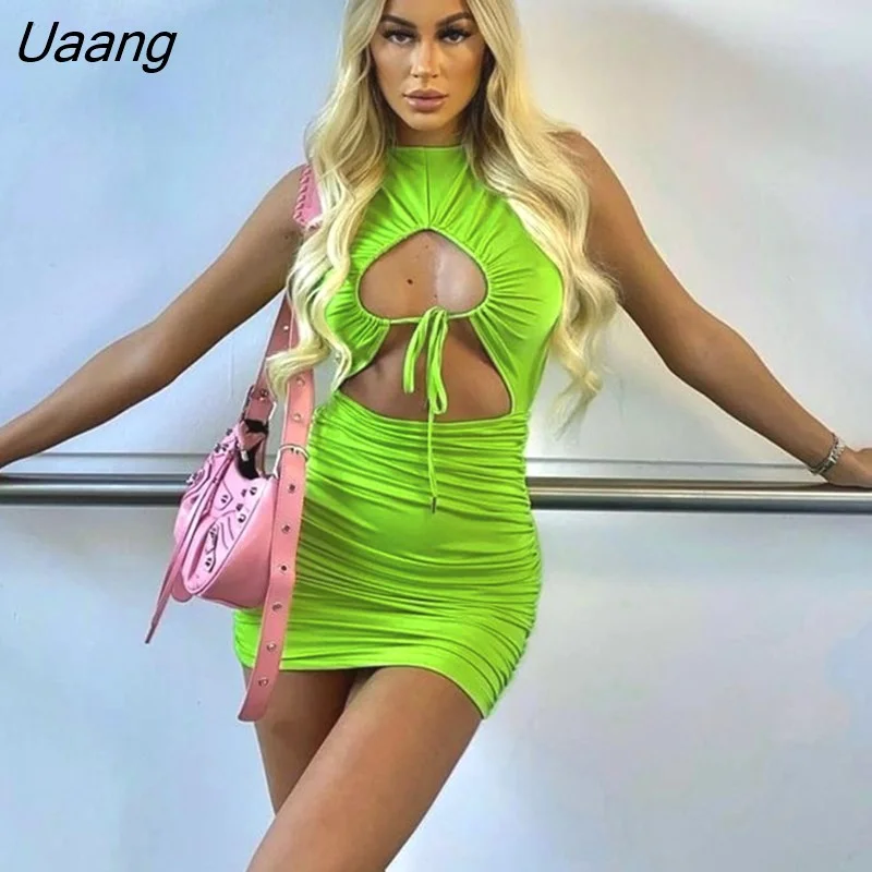 Uaang Green Hollow Out Ruched Mini Dress For Women Robe Summer New Sleeveless Skinny Sexy Beach Holiday Dress Vestido