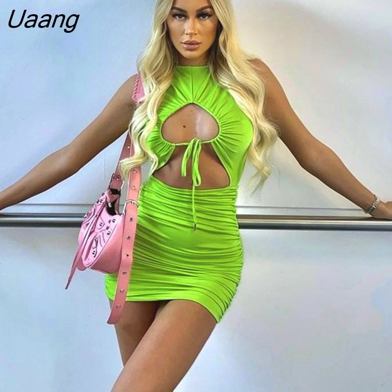 Uaang Green Hollow Out Ruched Mini Dress For Women Robe Summer New Sleeveless Skinny Sexy Beach Holiday Dress Vestido