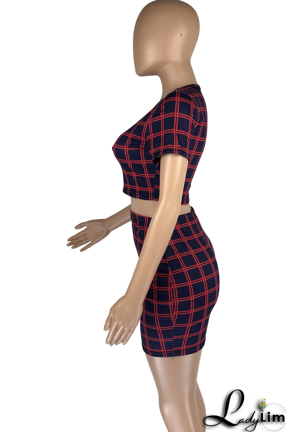 Navy Blue Fashion Plaid Split Joint O Neck Short Sleeve Two Pieces