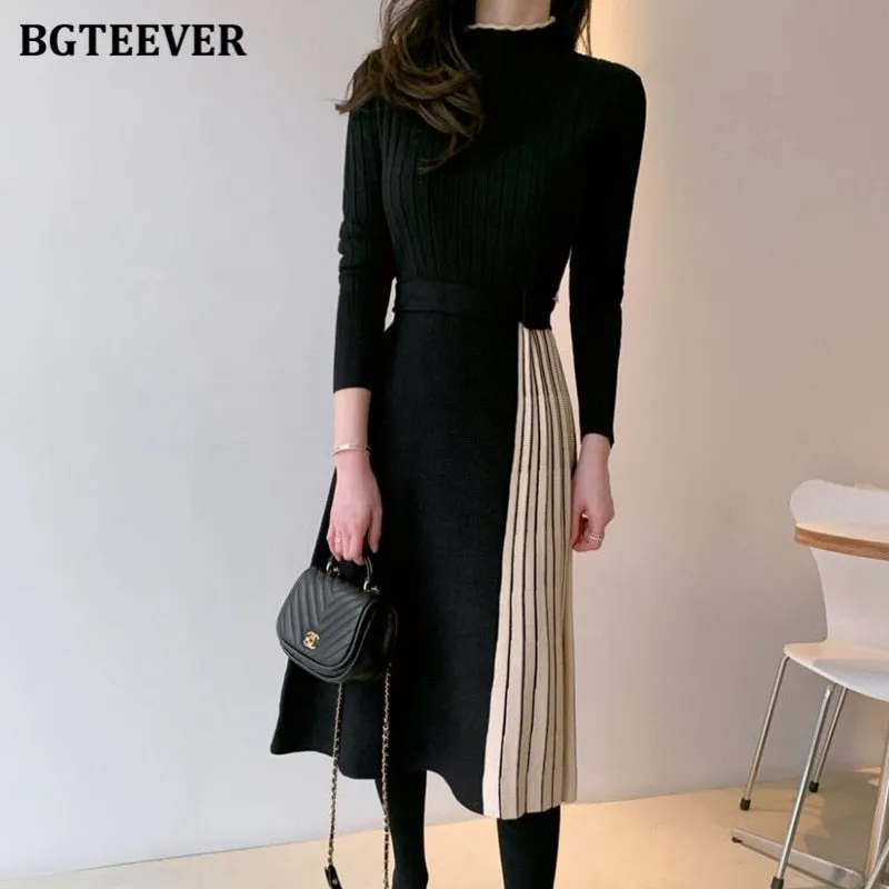 BGTEEVER Stylish Half Turtleneck Women Sweater Dress Long Sleeve Slim Belted Female Patchwork Pleated Dress Knitted Vestidos