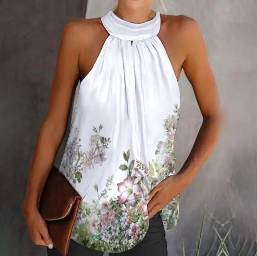 Fashion Women's Butterfly Print Sleeveless Halter Tie Blouses