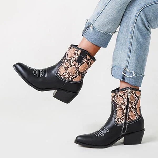 Women Leatherette Chunky Heel Ankle Boots Pointed Toe With Animal Print Zipper Boots