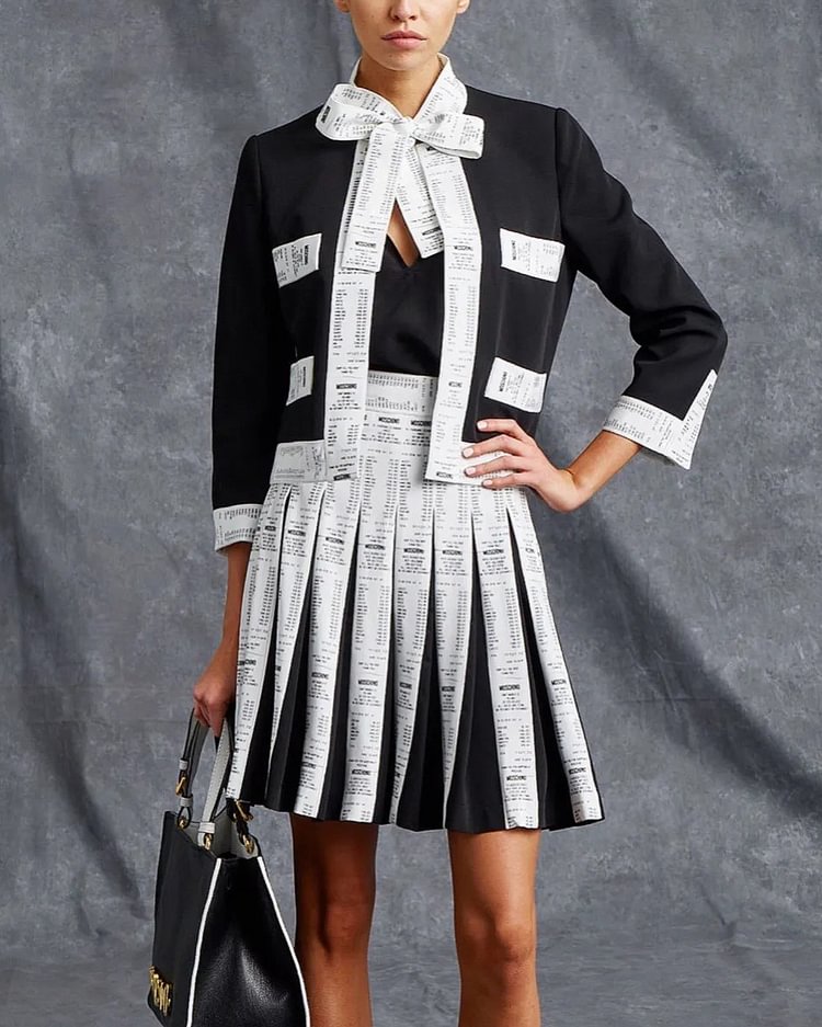 Printed Bow Knot Pleated Skirt Short Jacket Set