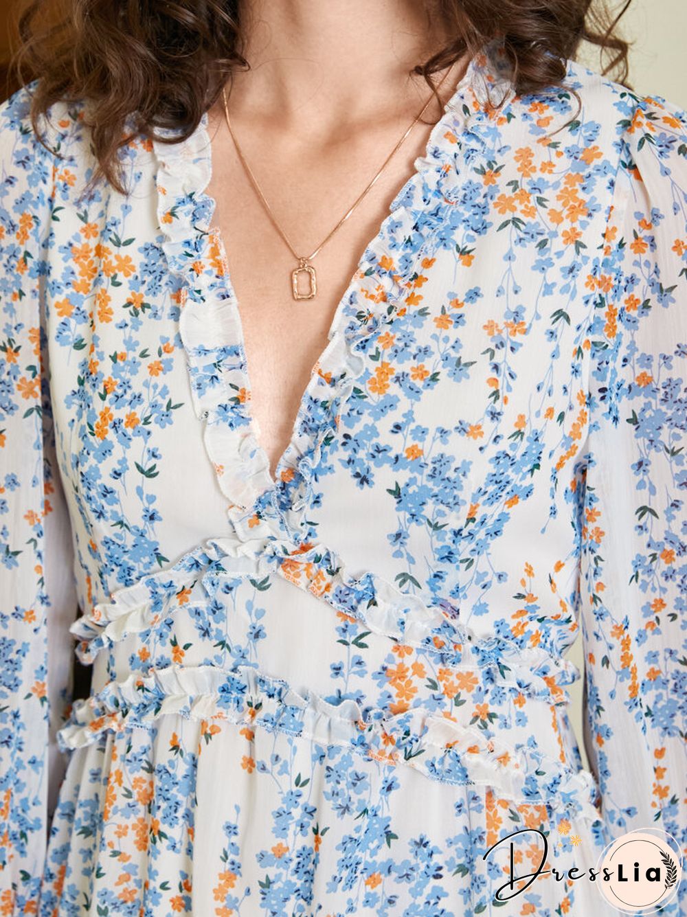 Floral Print Ruffle Long Sleeve V-neck Chiffon Dress