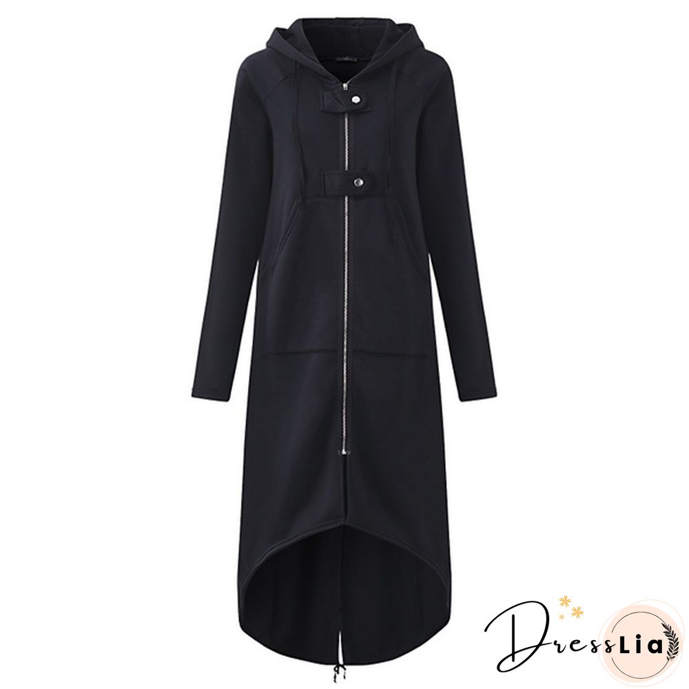 Oversize Women Hooded Long Sleeve Zip-up Asymmetric Hem Long Hoodie Coat Jacket Outwear