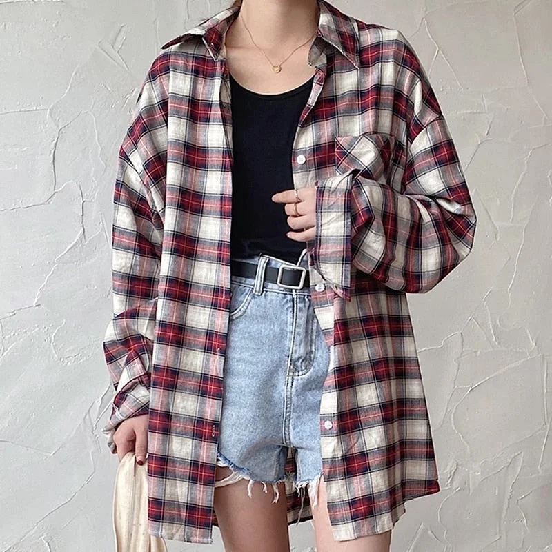 2021 New Arrival Women Vintage Plaid Oversized Blouse Lantern Sleeve Turn Down Collar Autumn Shirts Button Up Casual Tops T04004