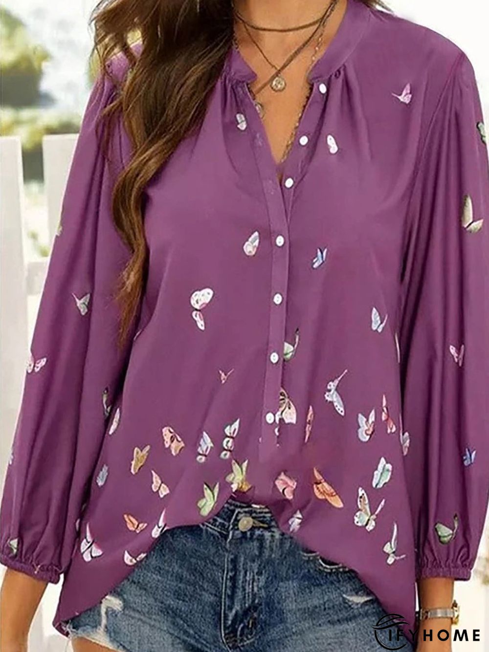 Colorful Butterfly Print Chiffon Long Sleeve Shirt | IFYHOME