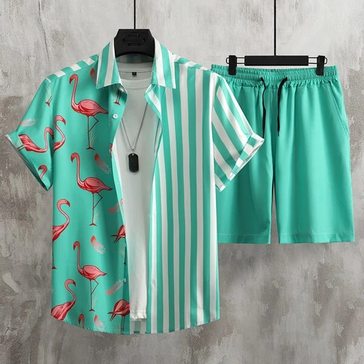 BrosWear Men Striped & Flamingo Print Shirt And Short Co-Ord