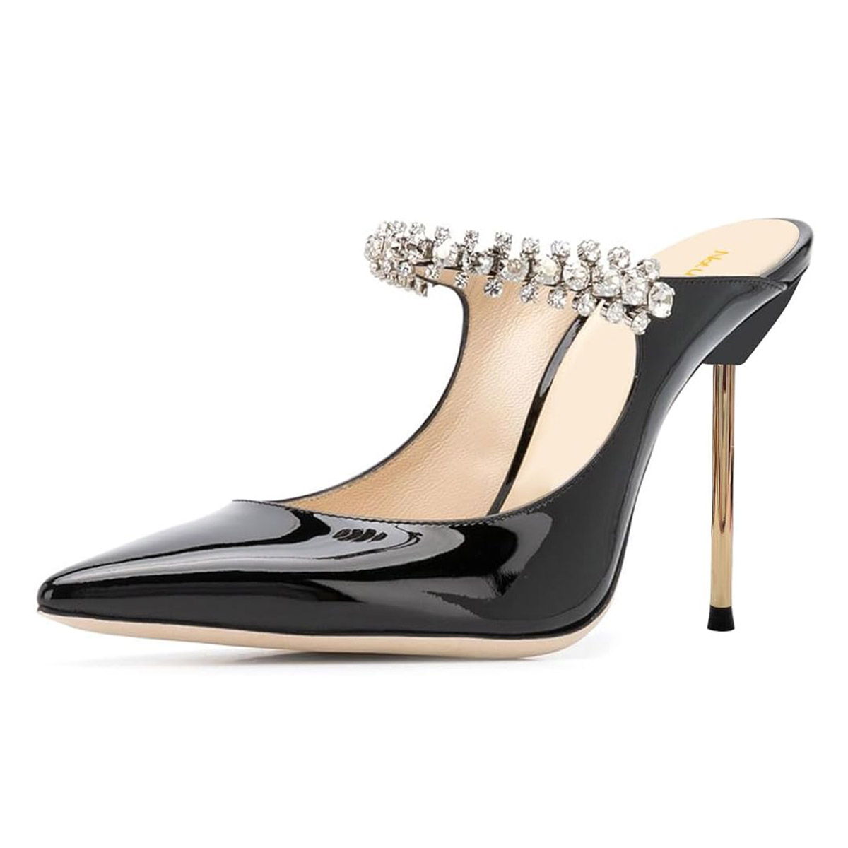 Black Patent Rhinestone Strappy Pointed Toe Stiletto Heel Mules Shoes Nicepairs