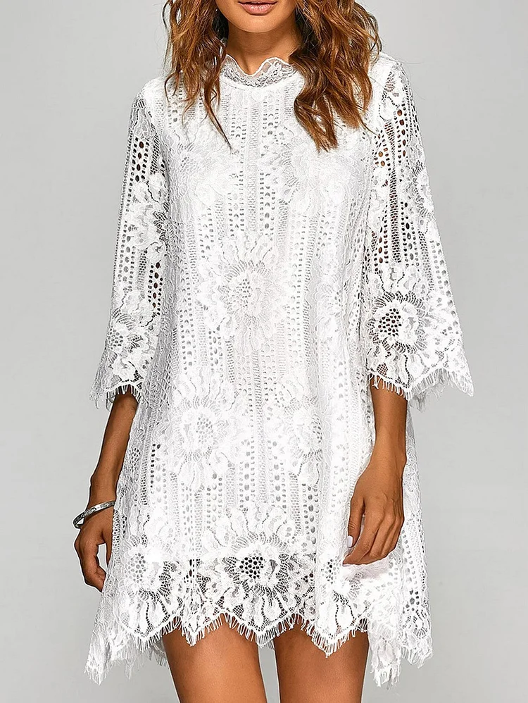 Casual Lace Solid Color 3/4 Sleeve Zipper Mini Dress