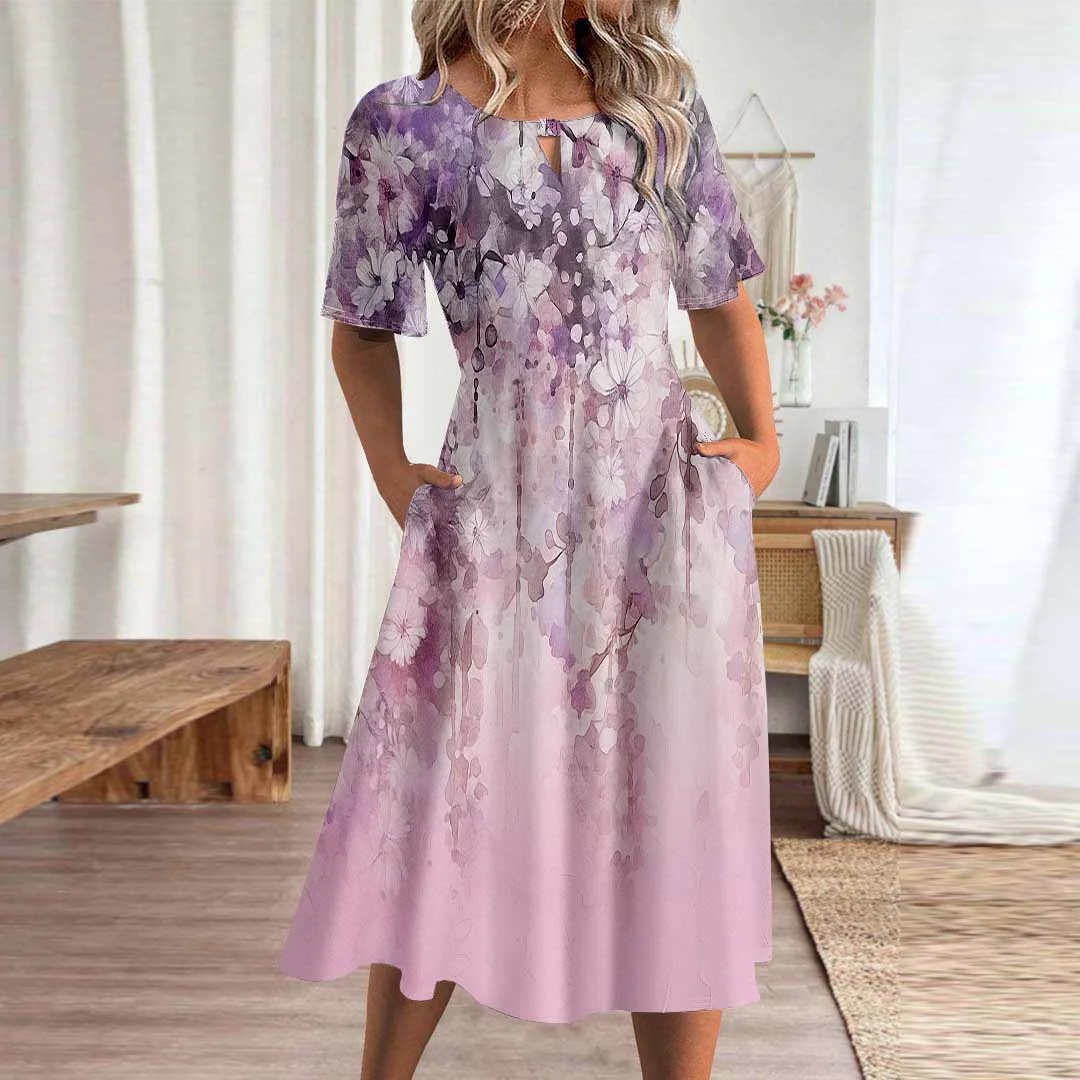 Women Floral,Pink DZHA8109 Short Sleeve Scoop Neck Graphic Printed Hollow Midi Dress