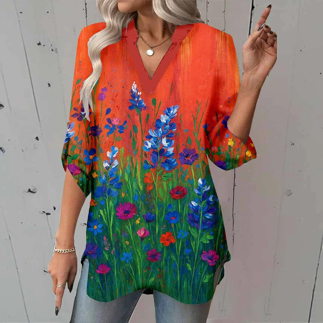Women Floral,Orange,Ladynora DZGA0013 3/4 Sleeve V-neck Printed Graphic Button Tops