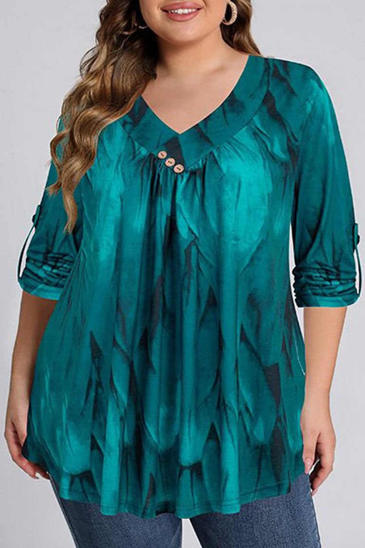 Flycurvy Plus Size Casual Green Print Decorative Button 3/4 Sleeve Blouses  Flycurvy [product_label]