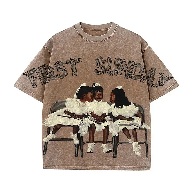 Aonga Summer harajuku Y2K Street Trend Short-sleeved Hottie tops American vintage Children First Sunday Printed Washed T-shirt for Men aonga