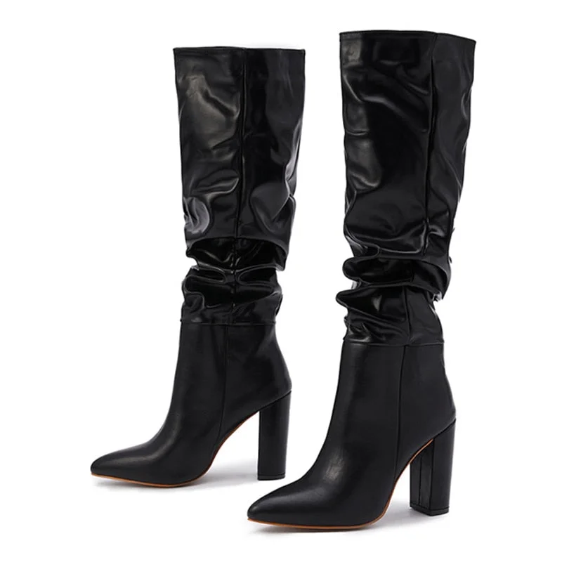 New Black White Knee High Boots Women Fashion Pleated Designer Heels Sxey Pointed Toe Party Dress Dance Shoes Botas De Mujer