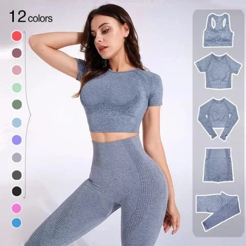 Khalesexx sport 2/3/5PCS Seamless Women Yoga Set Workout Sportswear Gym Clothing Fitness Long Sleeve Crop Top High Waist Leggings Sports Suits