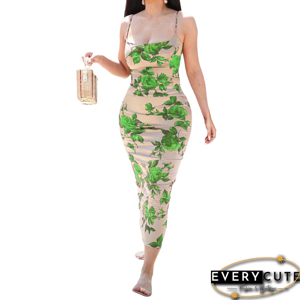 Flower Print Strap Bodycon Midi Prom Dress Sexy Women Summer New Elegant Outfit Wedding