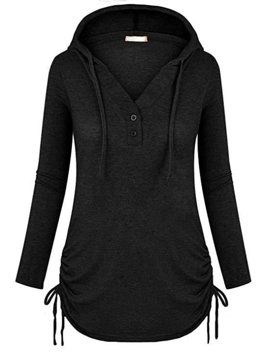 Women's Casual Hoodie V-Neck Button Pleated Drawstring Hem Pullovers