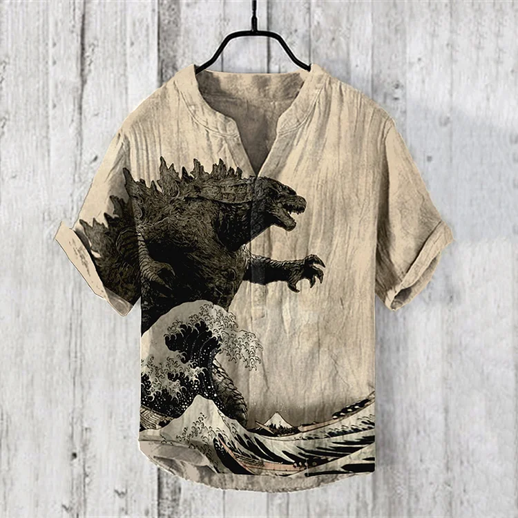 Vintage Godzilla Roaring Japanese Waves Art Linen Blend Shirt