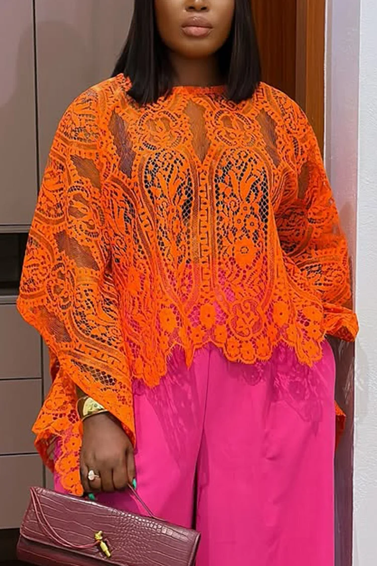 Plus Size Business Casual Orange Round Neck Batwing Sleeve Long Sleeve Cut Out Casual Lace Blouses [Pre-Order] 2024 - Xpluswear