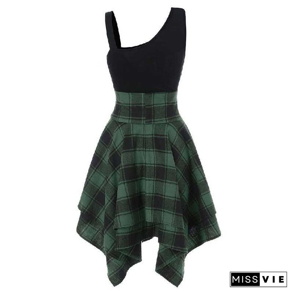 Contrast Plaid Elastic Waist Irregular Dress