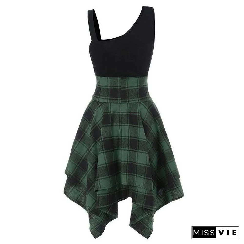 Contrast Plaid Elastic Waist Irregular Dress