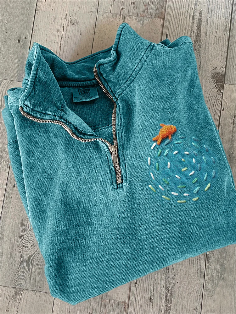 Comstylish Fish & Ripple Embroidery Art Zip Up Sweatshirt