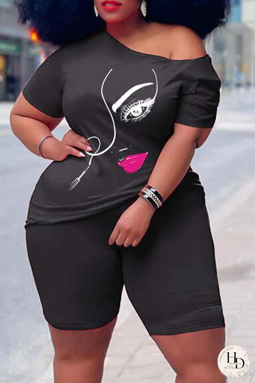 Rose Red Casual Print Basic Oblique Collar Short Sleeve Two Pieces