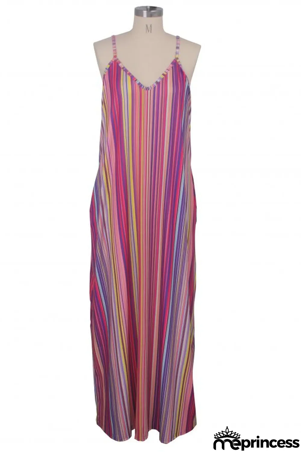 Green Polyester Sexy Fashion Tank Sleeveless Slip A-Line Floor-Length Print asymmetrical Striped Patchwork