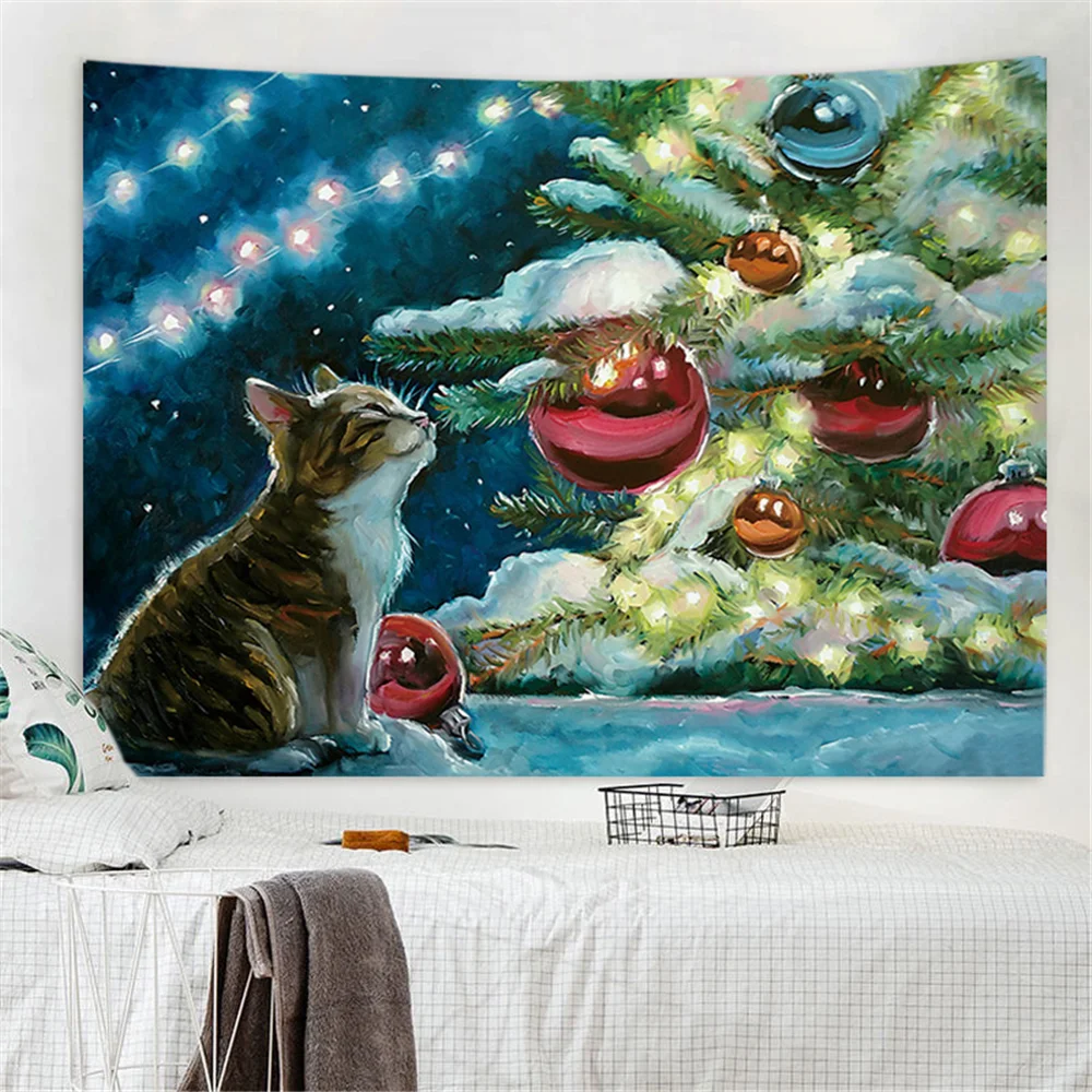 Nigikala Warm Color Plant Playing Yarn Ball Cat Print Tapestry Wall Aesthetic Tapestry Wall Tapestry Christmas Tree Wall Decor
