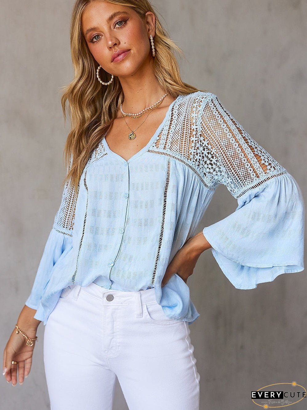 Casual Crochet-Detail Button-Up