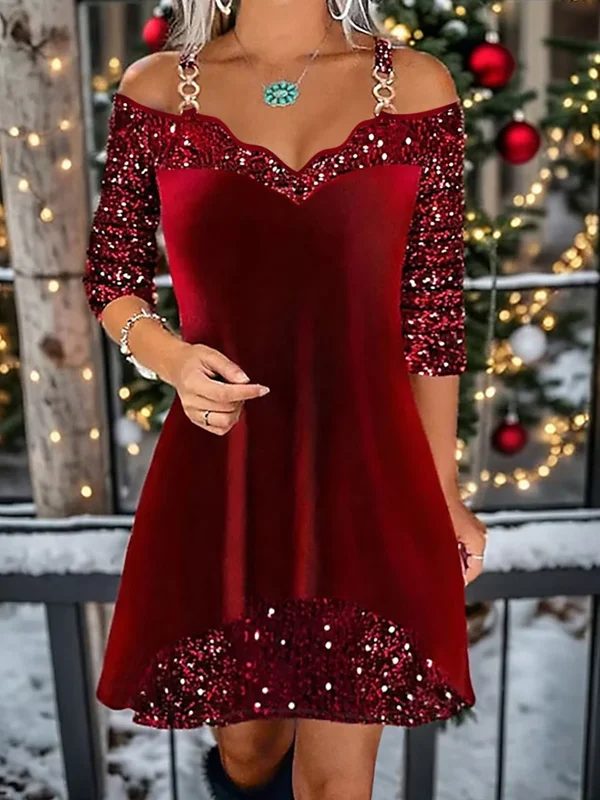 Velvet Mini Sequin Strapless Christmas Dress