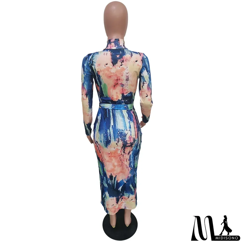 MidiSono - Women's Zip-Up Print Midi Dress (with Belt)