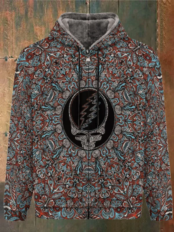 Unisex Skull Print Double Layer Fleece Zip-Up Hooded Jacket