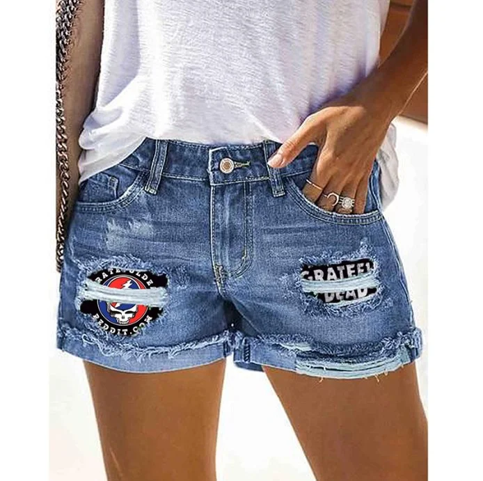 Printed Cuffed Ripped Denim Shorts