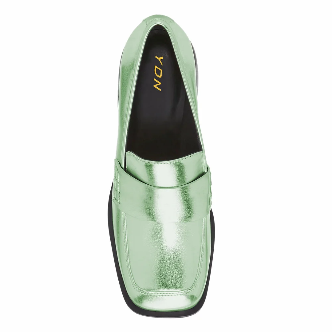 Simple Light Green Metallic Finish Square Toe Block Heeled Loafers